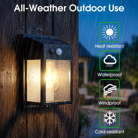 Outdoor Solar Porch Lights 2 Pack Featuring Motion Sensor And 3 Lighting Modes Zero Wiring Hassle Built Tough Weatherproof Wall Lanterns Sconces For Front Door Garage Fence Patio 7 5 Inch illuminated in rain on wooden post.
