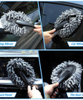 Using the Six Pack Car Detailing Kit With Scratch Free Interior Duster on car mirror, window, dashboard, and gear lever.