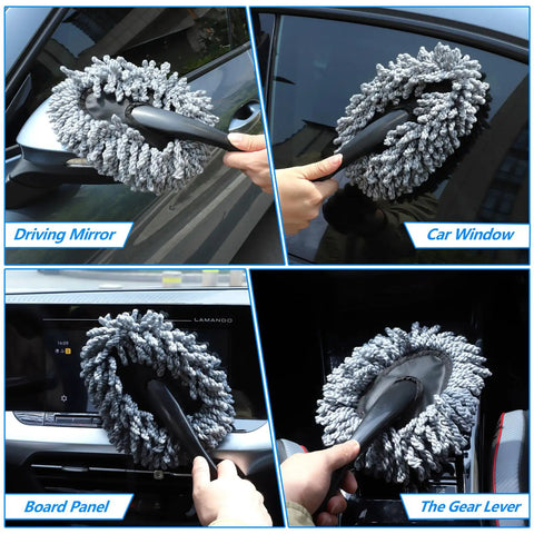 Using the Six Pack Car Detailing Kit With Scratch Free Interior Duster on car mirror, window, dashboard, and gear lever.
