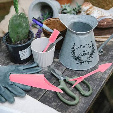 Succulent Planting Kit For Pots And Bonsai Care 5 Piece Pink Garden Tool Set With Transplanting Trowel Spade Fork Tweezers And Sheath For Indoor Outdoor Gardening on table
