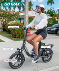 S4 16 Inch Folding Electric Bike For Adults And Teens With 350W Brushless Motor Peak 500W, rider on black foldable commuter e bike with lights