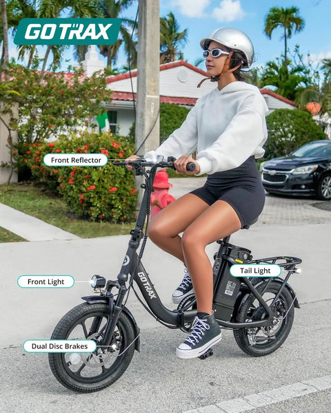 S4 16 Inch Folding Electric Bike For Adults And Teens With 350W Brushless Motor Peak 500W, rider on black foldable commuter e bike with lights