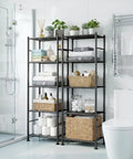No Sweat Install Heavy Duty 5 Tier Metal Wire Shelving, Set Of 2 Compact Storage Racks With Floor Levelers For Garage, Kitchen, Pantry, Smart Way To Tame Clutter In Tiny Spaces Black in bathroom with towels and decor.