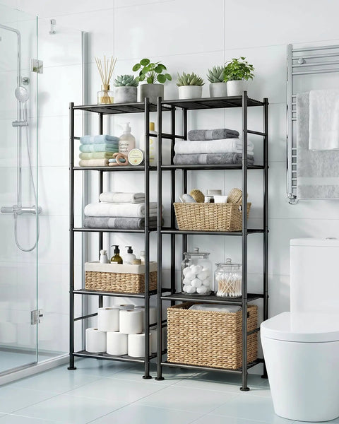 No Sweat Install Heavy Duty 5 Tier Metal Wire Shelving, Set Of 2 Compact Storage Racks With Floor Levelers For Garage, Kitchen, Pantry, Smart Way To Tame Clutter In Tiny Spaces Black in bathroom with towels and decor.