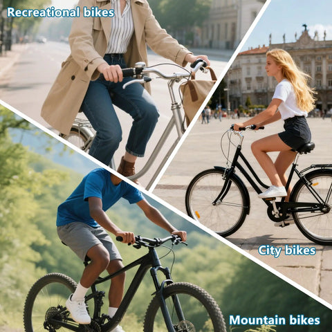 Collage of recreational, city, and mountain bikes with riders; use with 3x7 Speed Twist Shifter Lever Set For Mountain Bikes 21 Speed Shifter