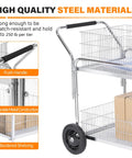 Heavy Duty Steel Office Mail Cart With Smooth As Butter Gliding Dual Casters showcasing durable push handle and sturdy wire shelves.