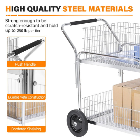 Heavy Duty Steel Office Mail Cart With Smooth As Butter Gliding Dual Casters showcasing durable push handle and sturdy wire shelves.