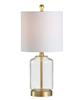 Brass Gold And Clear Glass Table Lamp With White Linen Drum Shade, Glam Transitional Bedside Light For Living Room Or Nightstand
