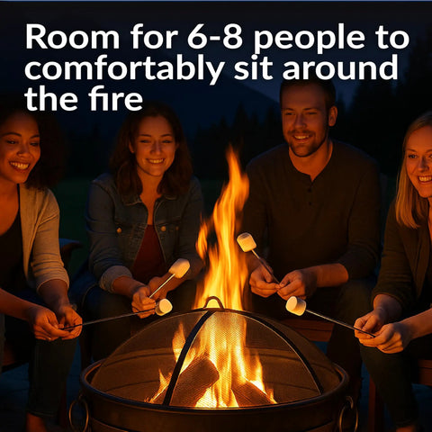 Outdoor 34 Inch Wood Burning Fire Pit Bowl With Spark Screen, people roasting marshmallows by the fire in a backyard.