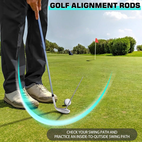 Golfer using 7 Length Adjustable Golf Alignment Rods Magnetic Alignment Stick For Irons And Wedges Lie Angle Tool And Swing Training Aid for Visualizing Club Face Aim, Game Changer For Aligning Your Shot And Dial In Your Chip Consistency on a green field.