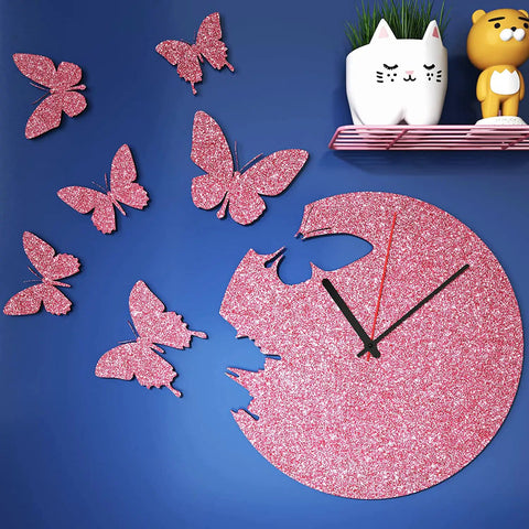 Pink Glitter Wallpaper Peel And Stick For Girls Bedroom Self Adhesive Glitter Contact Paper Waterproof And Durable Decor For Cabinets And Crafts Cute Glam DIY Friendly Peel And Stick Design Easy To Apply And Remove 15.8 x 78.8 Inches on blue wall with butterfly shapes and cat planter