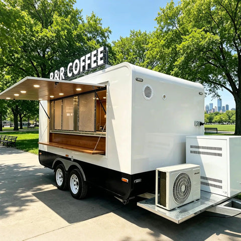 Turnkey Mobile Coffee Trailer For Sale 13 Foot Fully Equipped Commercial Food Truck Ready To Roll And Kickstart Your Street Hustle With Professional Brewing Setup, side view in a park.