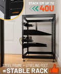 15U Open Frame Server Rack With Wall Mountable Design Including Vented Shelves, 25 Rack Screws, Four Leveling Feet