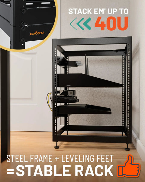 15U Open Frame Server Rack With Wall Mountable Design Including Vented Shelves, 25 Rack Screws, Four Leveling Feet