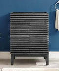 Render Charcoal Bathroom Vanity Cabinet With Mid Century Flair, showing MDF frame on tapered legs against blue wall.