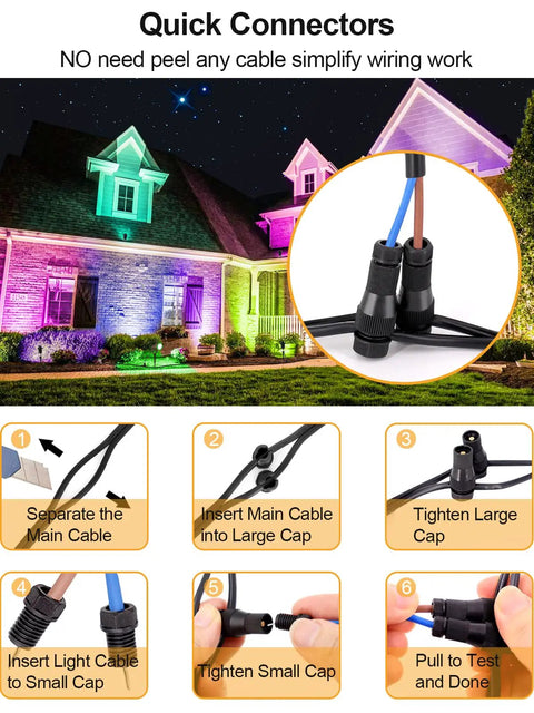 Illustration showing connector installation for Low Voltage RGB Landscape Lights With Timer Transformer And Connector, 5W Outdoor LED.