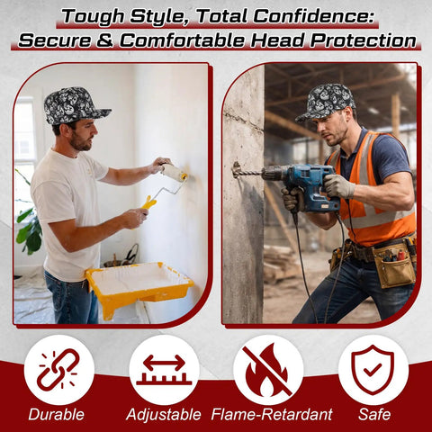 Men wearing Baseball Style Safety Bump Cap With Skull Pattern Ultra Lightweight Breathable Head Protection in work environments