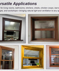 Heavy Duty Insulated Sliding Windows For Sheds Featuring Soundproof Tilt Glass And Warm Wood Grain Finish Smooth Flush Mount Replacement Dead Quiet Workshop Zero Sweat Setup in various home settings.
