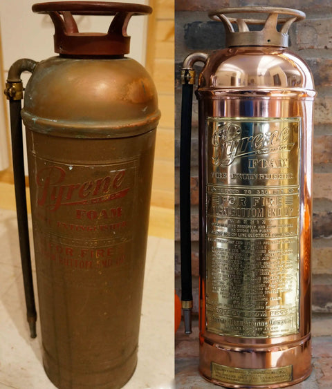 Before and after images of a copper fire extinguisher cleaned with Copper Clean And Protect Kit Small 4oz Gel And Polish For Heavily Tarnished Copper Under 12 Sq Ft Kick Tarnish To The Curb While Cleaning And Sealing Deck Caps Weathervanes Birdbaths And Other Copper Projects.