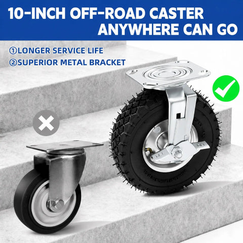 10 Inch Heavy Duty Pneumatic Caster Wheels With Secure Brake Set Of Four Featuring Two Swivel And Two Rigid Units displayed on stairs.