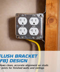Beefy 4 Inch Square Welded Electrical Box With Flush Mount Brackets, 10-Pack, Deep 1-1/2 Inch, installed on wall with outlets