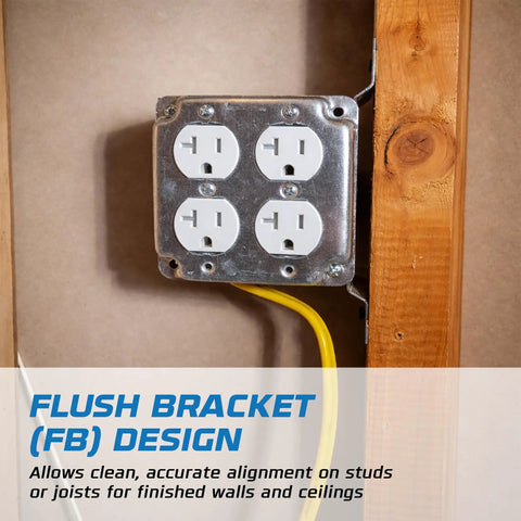 Beefy 4 Inch Square Welded Electrical Box With Flush Mount Brackets, 10-Pack, Deep 1-1/2 Inch, installed on wall with outlets