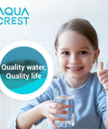 Child drinking from glass with Aqua Crest logo and 'Quality water, Quality life' text next to CF07 Water Filter Replacement For Brita Mavea Maxtra NSF TÜV SÜD Certified Pitcher Filter 6 Pack Not For Waterdrop Pitchers Reduces Chlorine Rust Sediment Heavy Metals And Particles For Fresh Tasting Water message.