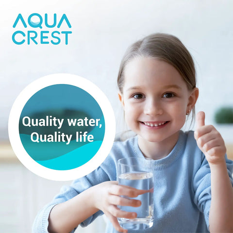 Child drinking from glass with Aqua Crest logo and 'Quality water, Quality life' text next to CF07 Water Filter Replacement For Brita Mavea Maxtra NSF TÜV SÜD Certified Pitcher Filter 6 Pack Not For Waterdrop Pitchers Reduces Chlorine Rust Sediment Heavy Metals And Particles For Fresh Tasting Water message.