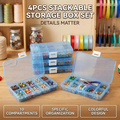 Blue 4 Pack Plastic Organizer Boxes With 40 Grids, Stackable Jewelry And Craft Storage Case filled with beads and supplies
