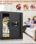 17.71 Inch Fireproof Hidden Wall Safe With Numeric Keypad And Spare Keys; open showing valuables; family in background