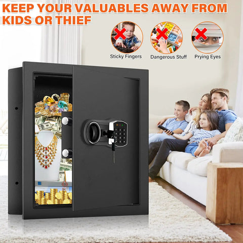 17.71 Inch Fireproof Hidden Wall Safe With Numeric Keypad And Spare Keys; open showing valuables; family in background