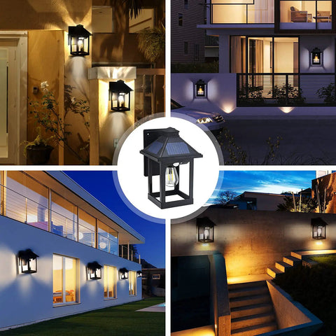 Two Pack Solar Wall Lantern Lights With Motion Sensor Dusk To Dawn Waterproof LED Wall Sconce Exterior Porch Light Fixtures Warm White 3200K Three Lighting Modes For Fence Patio Garage Garden Yard