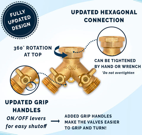 Front view of brass Morvat 2-way garden hose Y-splitter with three threaded outlets and ON/OFF valve handles.