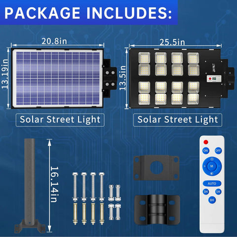 Package components of High Brightness 800W Solar Street Light Outdoor Dusk To Dawn IP67 Waterproof LED Parking Lot Garden Light