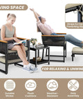 Chill Outdoor 5 Piece Wicker Rattan Conversation Set With Armchairs, Ottomans side view highlighting acacia wood armrests and cushions.