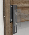 Close-up of a Four Piece Heavy Duty Bed Frame Conversion Bracket made of galvanized steel, installed on a wooden frame.