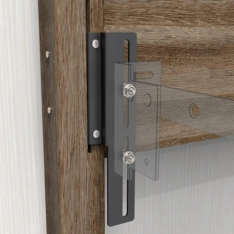Close-up of a Four Piece Heavy Duty Bed Frame Conversion Bracket made of galvanized steel, installed on a wooden frame.