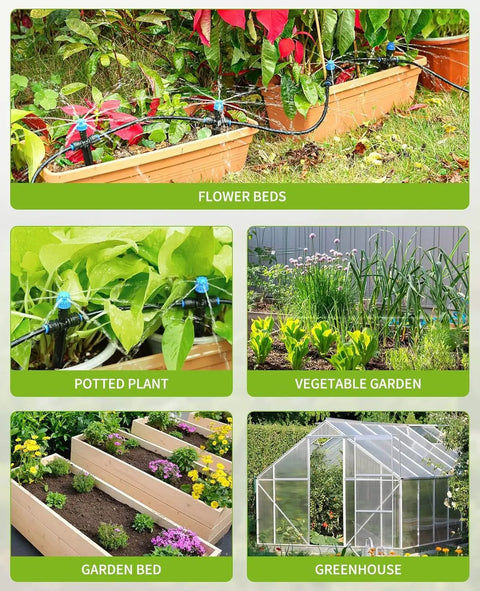 59Ft Drip Irrigation Kit For Plants With New Quick Connect And Blank Distribution Tubing in various garden settings