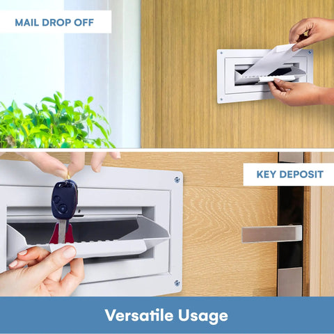 Through The Door Locking Key Drop Box Heavy Duty Rainproof Mail Slot in use for mail and key deposit on wooden door
