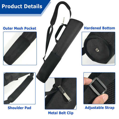 Close-up of dual-use archery quiver backpack with adjustable arrow holder, padded shoulder strap, and belt clip details.