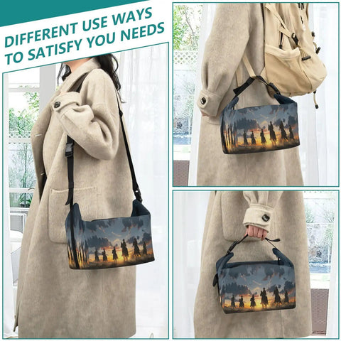 Cowboy Rides A Horse Across The Desert Insulated Lunch Bag styled in different ways for travel and work