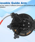Pressure Washer Hose Reel With 50 Ft Three Eighths Inch Wire Braided Hose for hot and cold water, focusing on movable guide arm