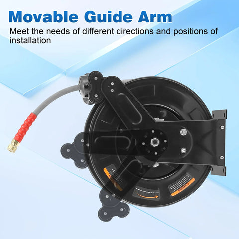 Pressure Washer Hose Reel With 50 Ft Three Eighths Inch Wire Braided Hose for hot and cold water, focusing on movable guide arm