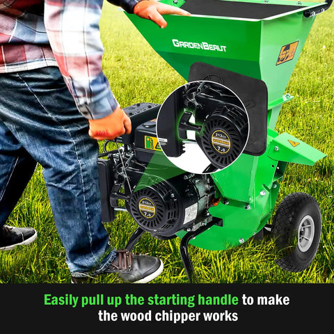 Person starting 3 In 1 Wood Chipper Shredder Mulcher MF30 Heavy Duty Gas Powered 7HP 212cc With 3 Inch Capacity, on grass.