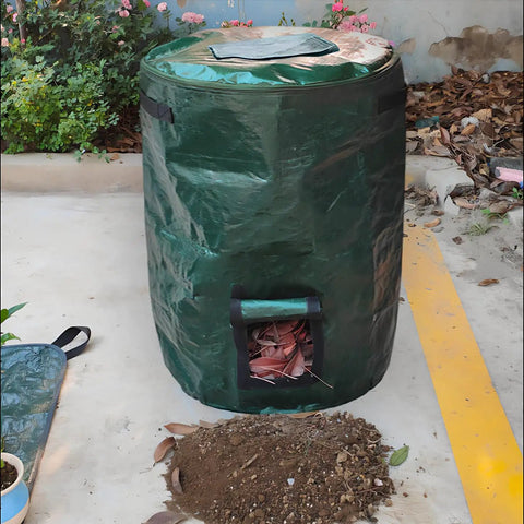 80 Gallon Compost Bin Bags Set Heavy Duty 2 Pack Foldable Garden Yard Waste Bags for Leaves Grass Clippings and Compost Outdoor Green 300L Big Capacity Easy Cleanup, in use outdoors with yard waste visible.