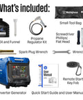 Contents of Dual Fuel 5000 Watt Portable Inverter Generator With Remote Start including tools and manuals