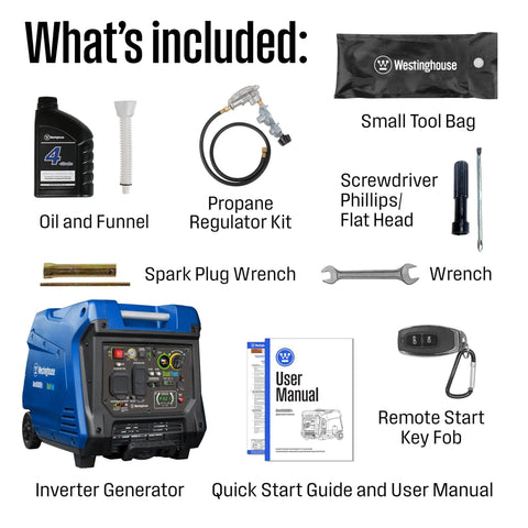 Contents of Dual Fuel 5000 Watt Portable Inverter Generator With Remote Start including tools and manuals