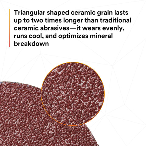 Close-up of Cubitron II Fibre Disc 982C showing precision-shaped grit for fast cuts and durability.