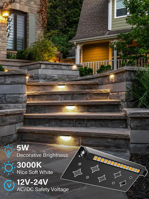 Outdoor stairs illuminated by 5W Retaining Wall Lights 7 Inch LED Hardscape Lighting Waterproof Low Voltage Landscape Lights, 3000K Soft White.