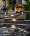 Lit 5W LED Retaining Wall Lights 8 Pack illuminating outdoor stairs at night with 3000K soft white, low voltage 12V 24V, IP66 waterproof.